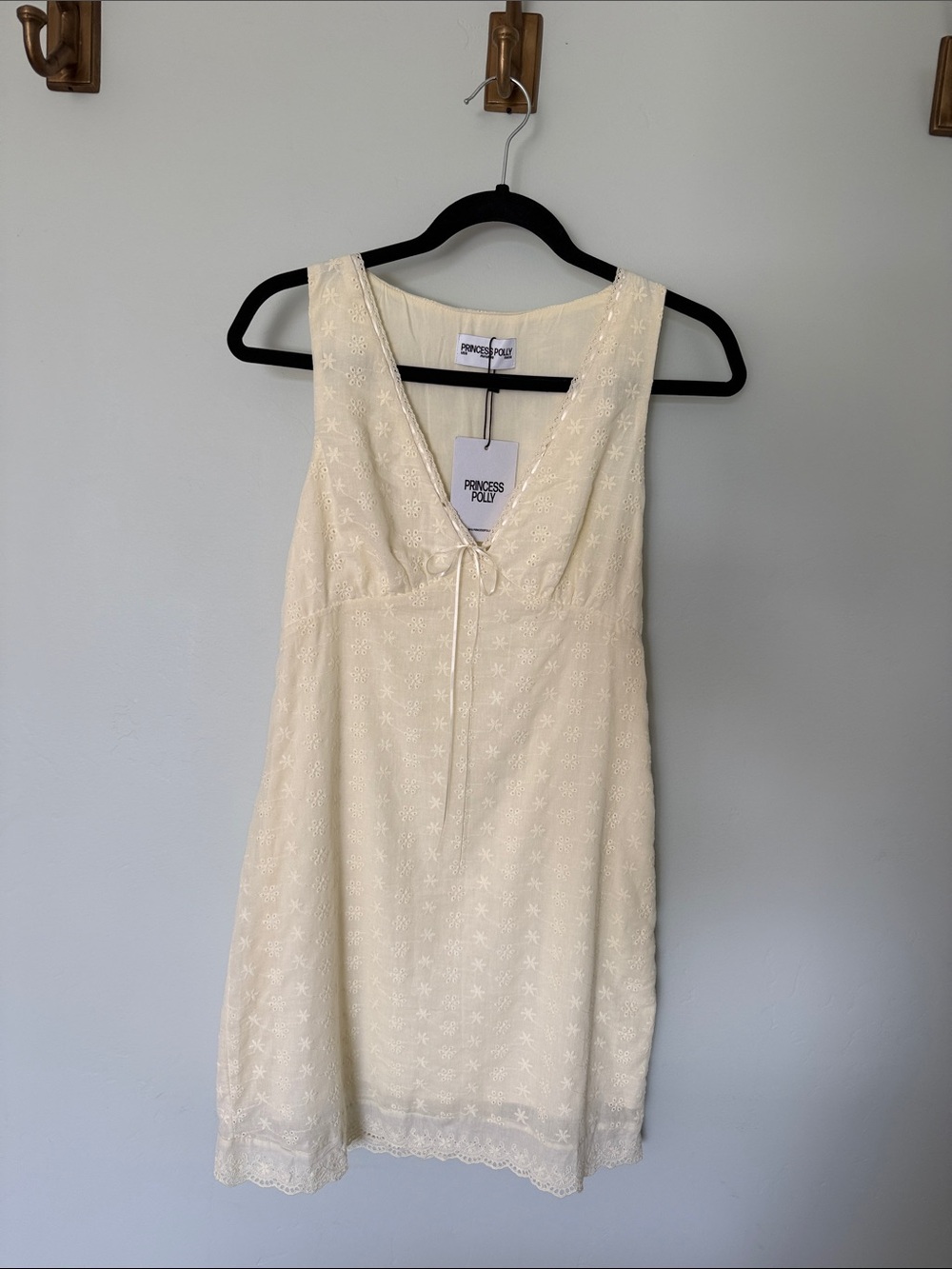 Princess Polly Cream Eyelet Tie-Front Sundress